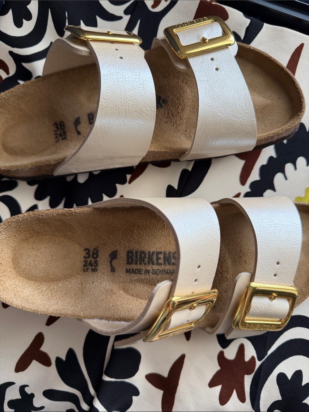 Birkenstock Arizona Pearl White Two-Strap Sandals with Gold Buckles 38